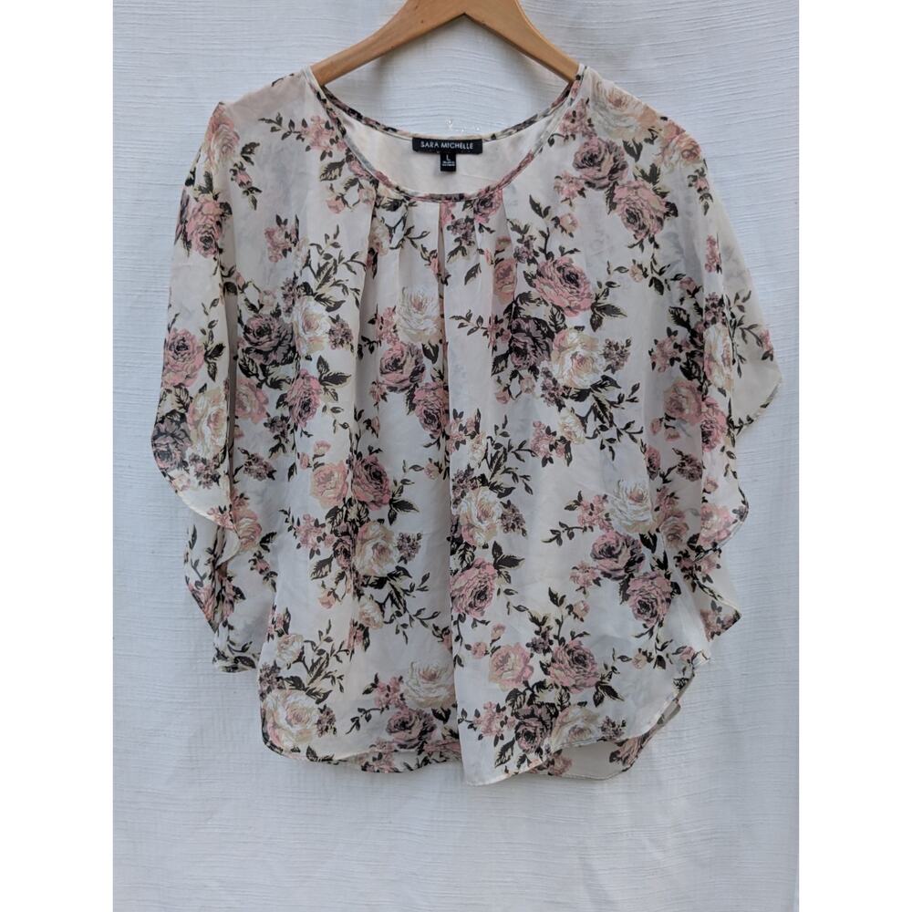 Sara Michelle Womens Floral Flutter Sleeve Blouse Sz L Sheer Whimsical‎ Romantic